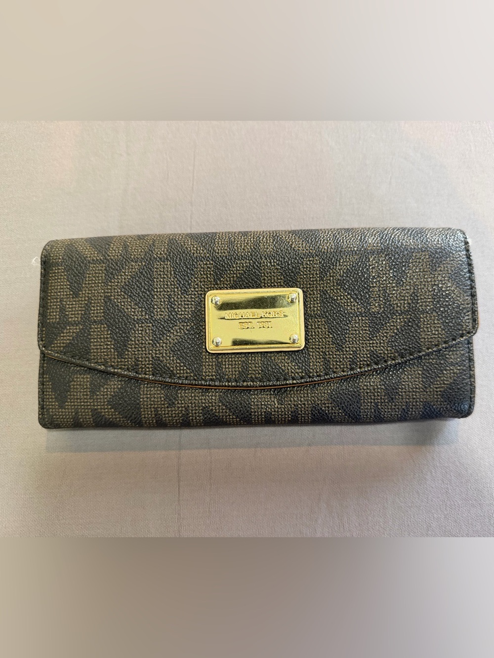 Michael Kors Brown Logo Canvas Envelope Clutch with Gold Plaque